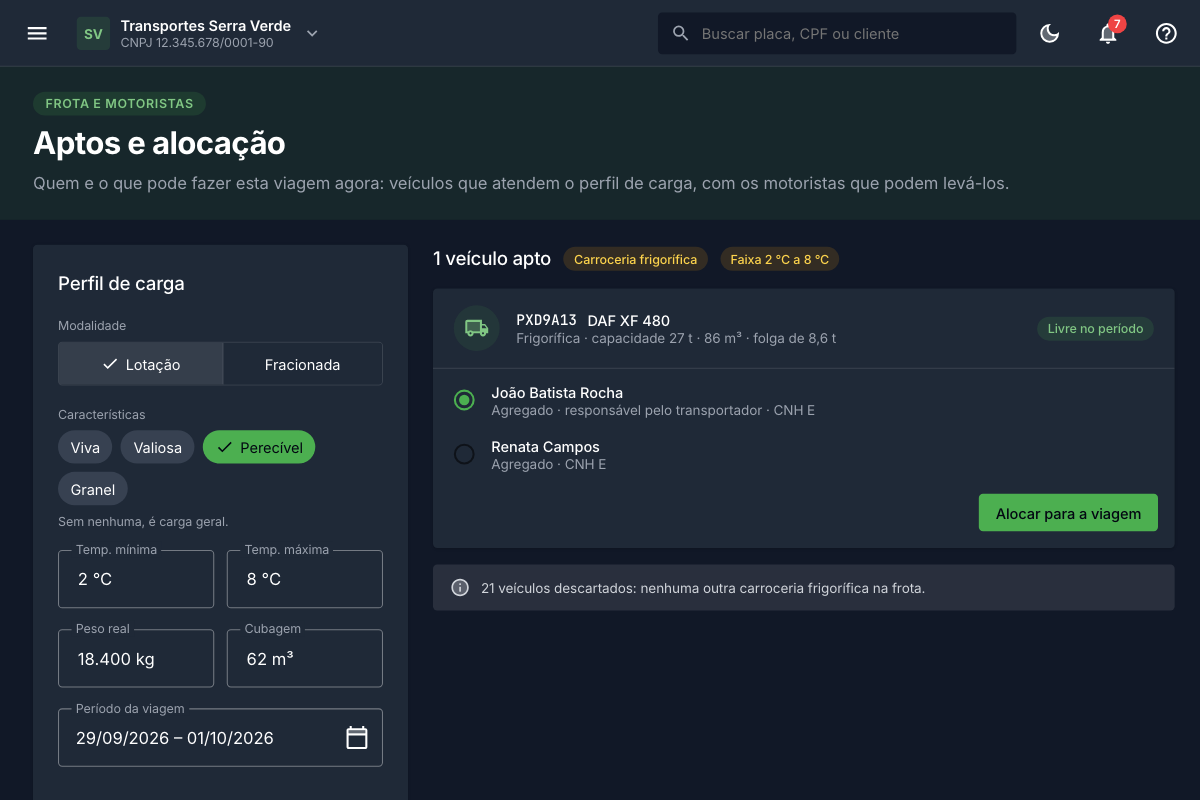 App de gestão, Aptos e alocação: para a carga perecível de 2 °C a 8 °C, o único veículo apto, um DAF XF 480 frigorífico, e os motoristas que podem levá-lo.