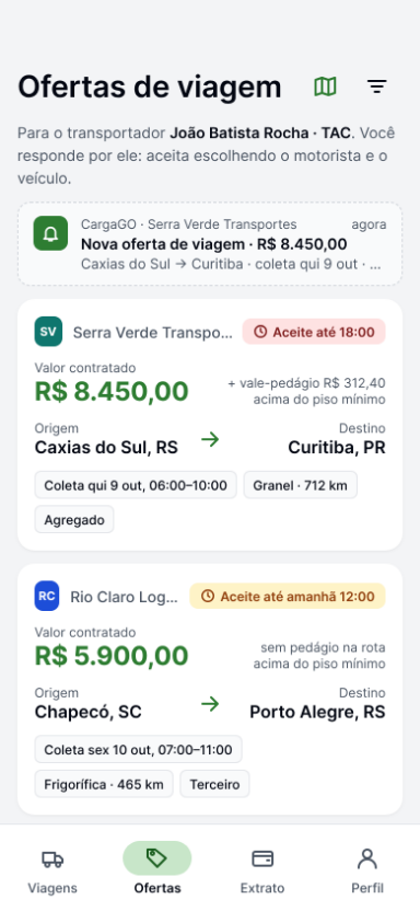 App do motorista, Ofertas de viagem: a oferta de Caxias do Sul a Curitiba, com o valor contratado de R$ 8.450,00 acima do piso mínimo e o prazo para aceite.